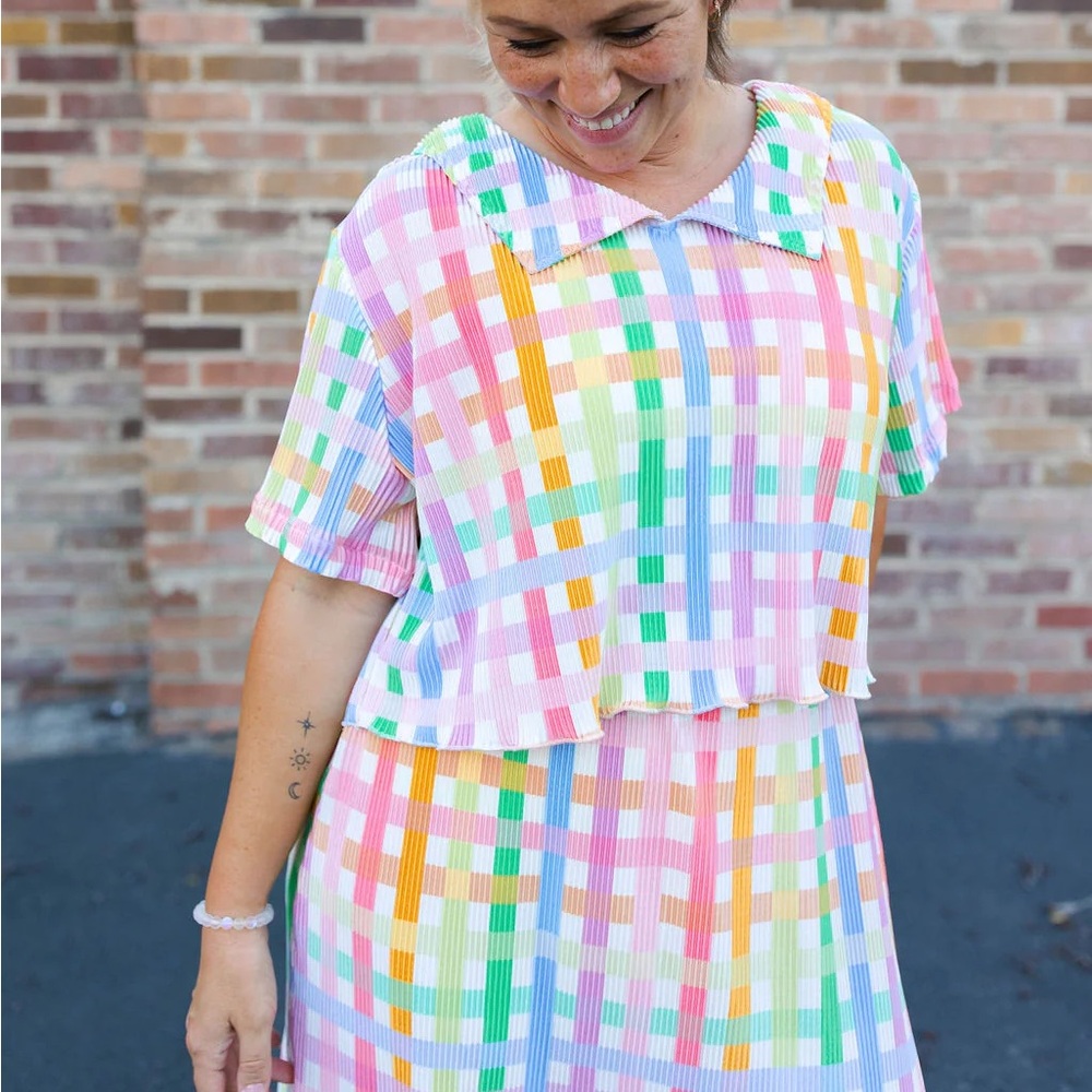 Multicolor Plaid Cotton-Blend Jumpsuit & Crop Top Set